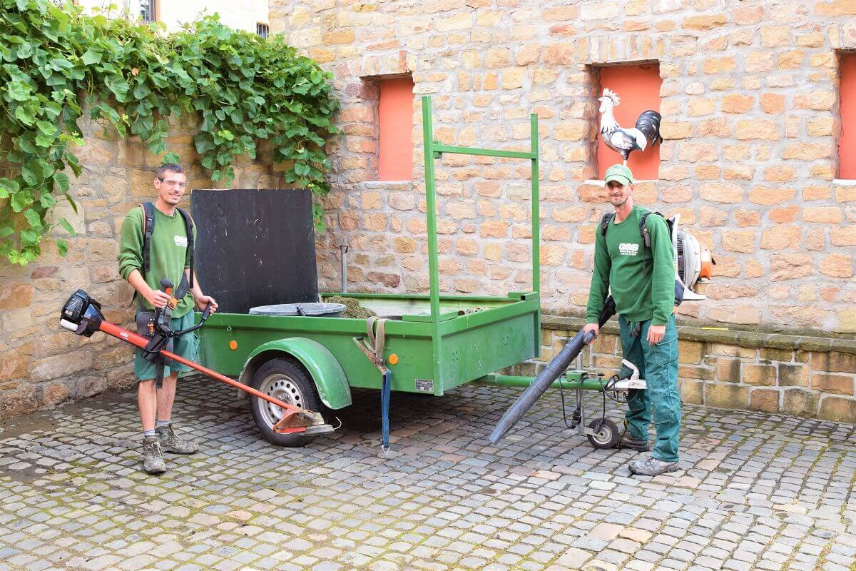 Bestens ausgerüstet mit Freischneider und Laubbläser. Das Unkraut kommt auf unsere Grüngutsammelstelle.